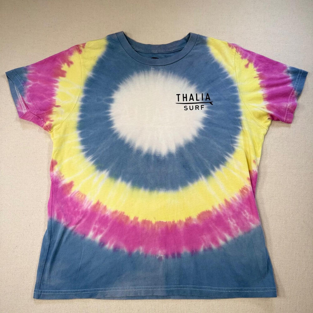 Thalia Surf Laguna Beach Tie Dye Graphic T-Shirt Blue Pink Yellow Size L